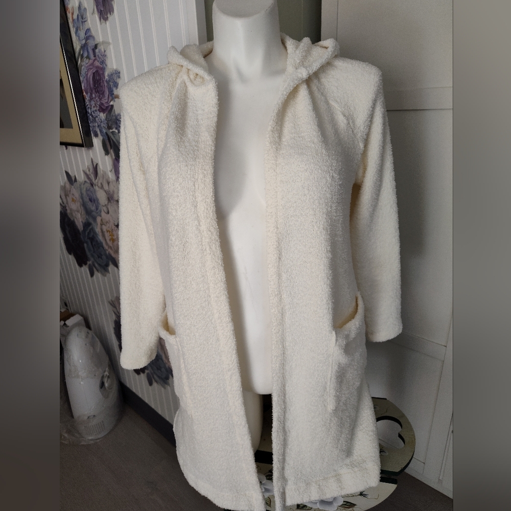 Soma Plush Super Soft Hooded Cardigan Ivory Color Sz Medium Pockets Lush Cozy